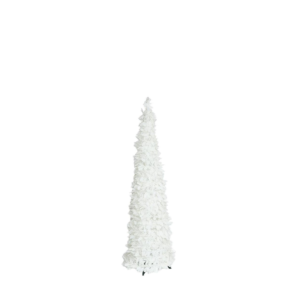Mellow Monkey white tinsel collapsible Christmas trees in three different heights standing on a white background.
