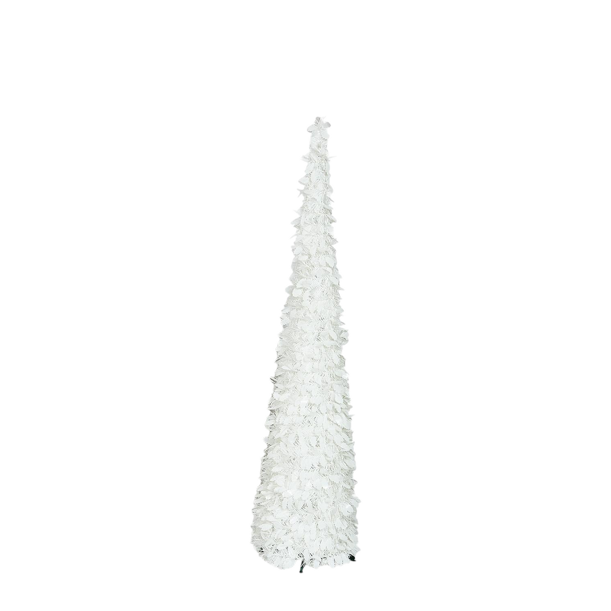 Mellow Monkey white tinsel collapsible Christmas trees in three different heights standing on a white background.