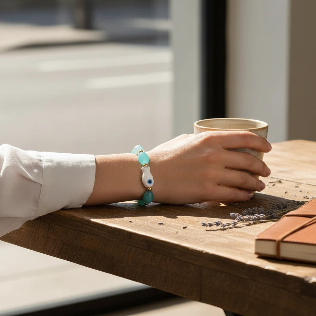 Mellow Monkey coastal bracelet featuring a white fish charm and aqua beads worn on a wrist by a wooden table.