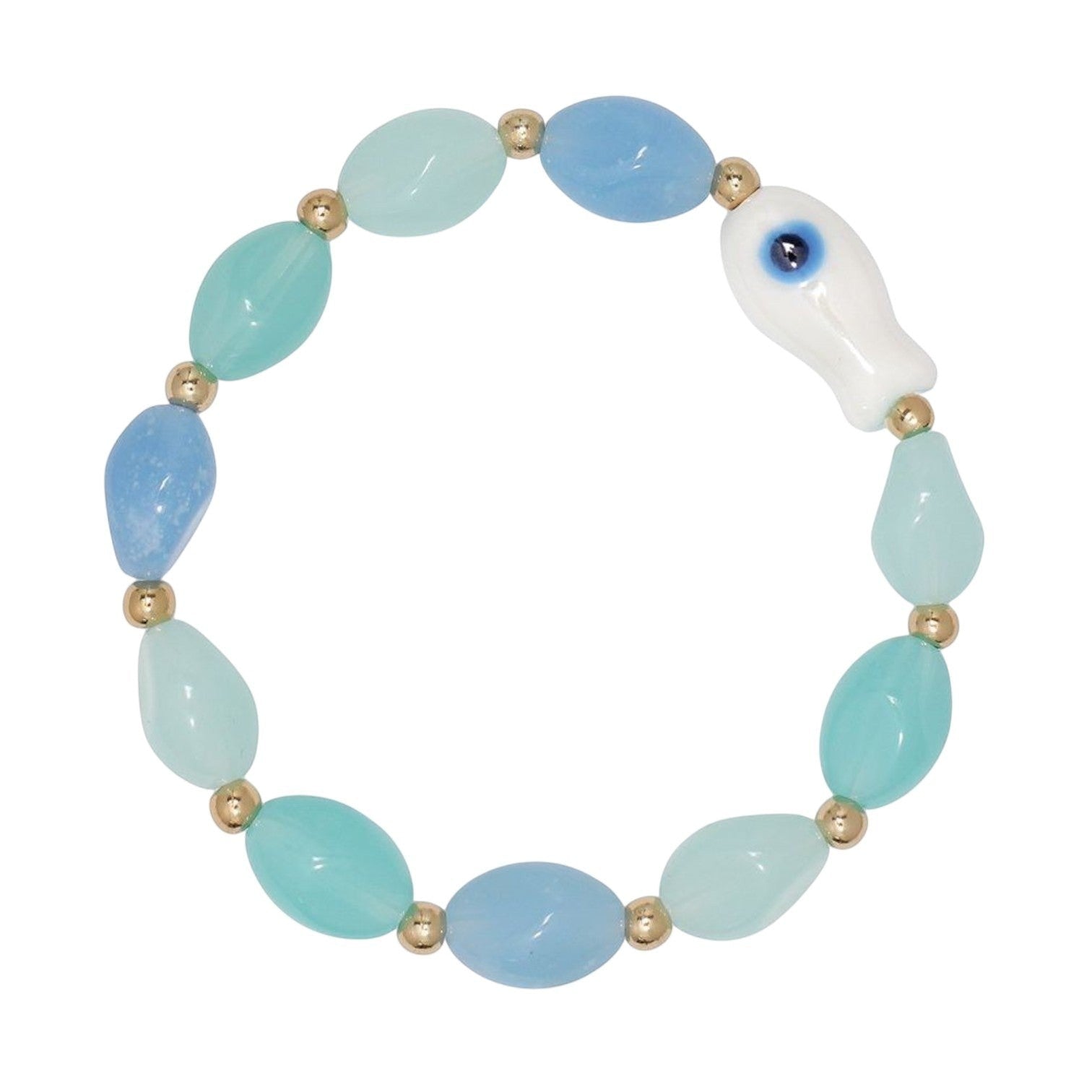 Mellow Monkey coastal bracelet featuring a white fish charm and smooth aqua blue beads on a stretch cord.