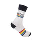 Mellow Monkey white crew socks featuring Bitch Please text with retro multi-colored stripes and black accents