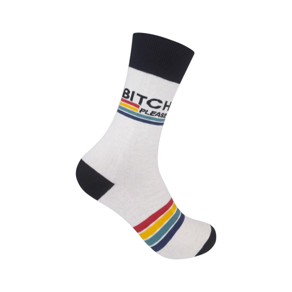 Mellow Monkey white crew socks featuring Bitch Please text with retro multi-colored stripes and black accents