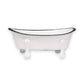 Mellow Monkey white iron bathtub soap dish with black rim and claw feet. Perfect for kitchens or bathrooms.