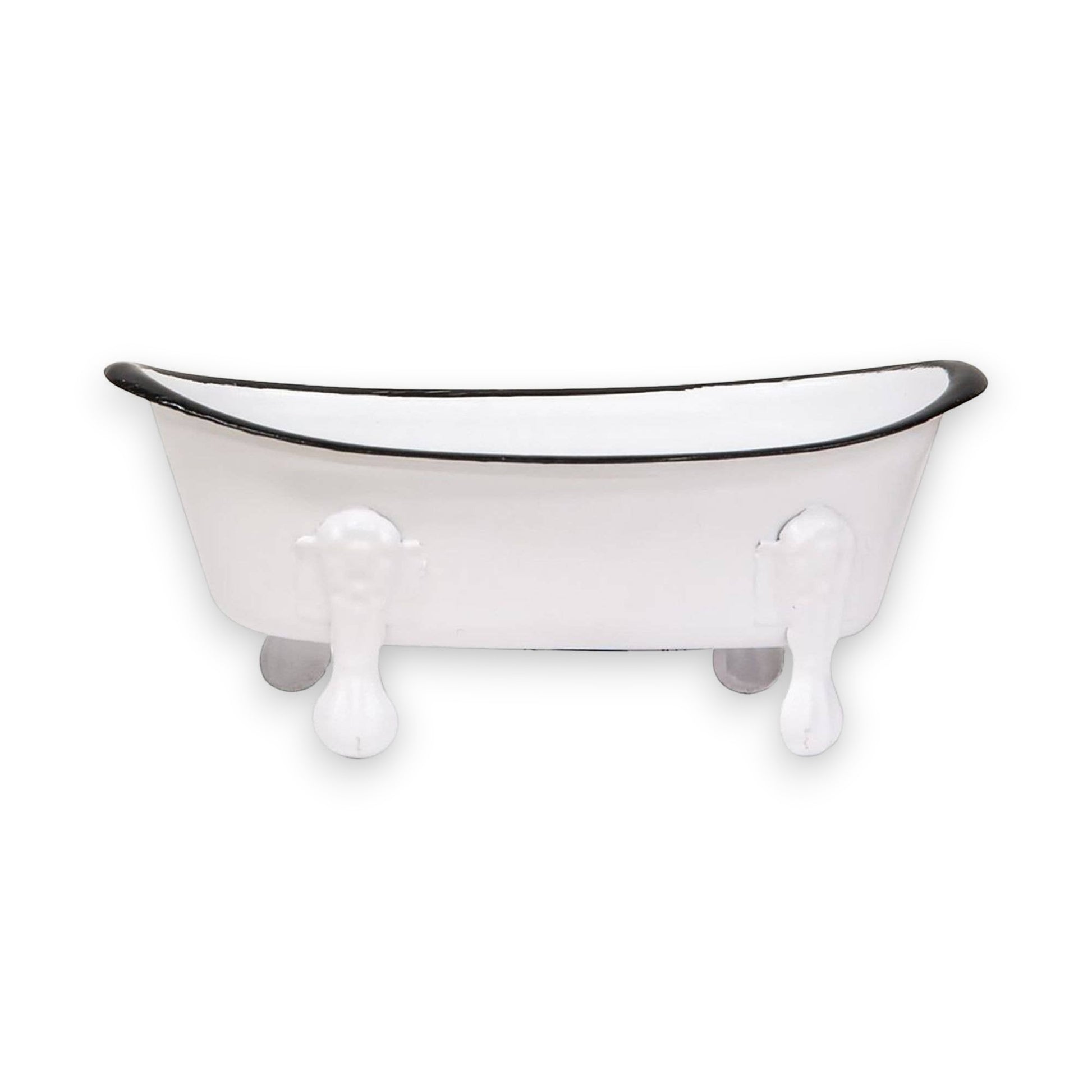 Mellow Monkey white iron bathtub soap dish with black rim and claw feet. Perfect for kitchens or bathrooms.