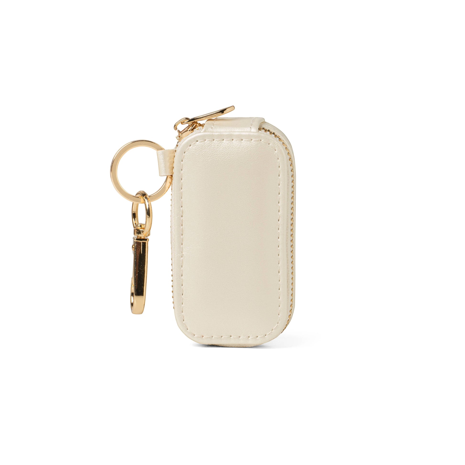 Mellow Monkey white vegan leather jewelry case with gold swivel snap clip and keyring.
