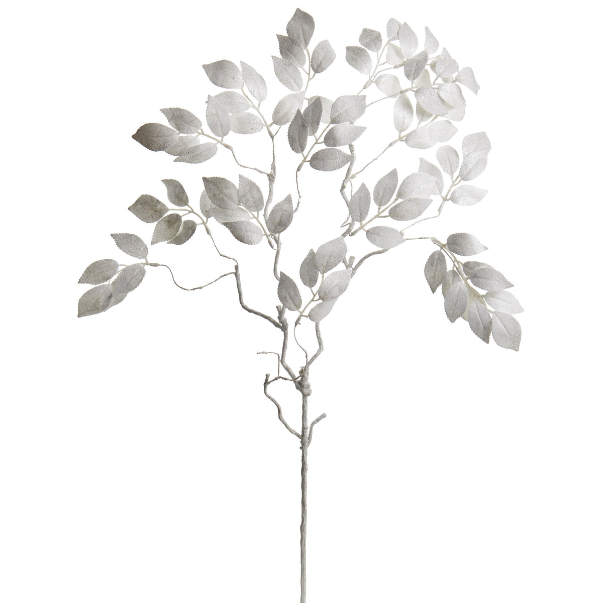 Mellow Monkey 36-inch white leaf spray with a frosty finish, perfect for holiday floral arrangements and decor.