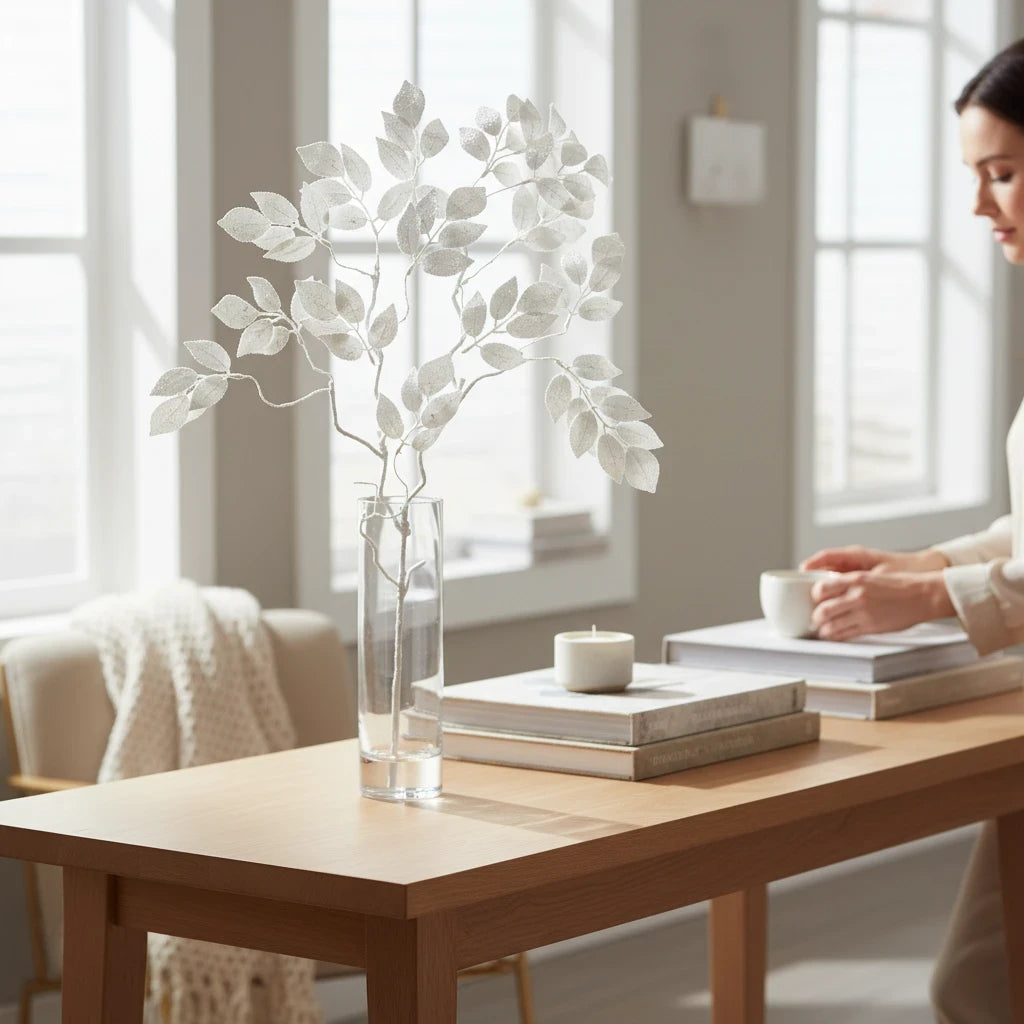Mellow Monkey 36-inch white leaf spray in a glass vase on a wooden table, adding winter elegance to home decor.