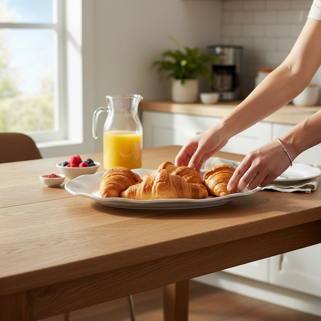 Mellow Monkey VIDA Havana Oval Tray in white, made of luxury melamine, serving croissants and berries.