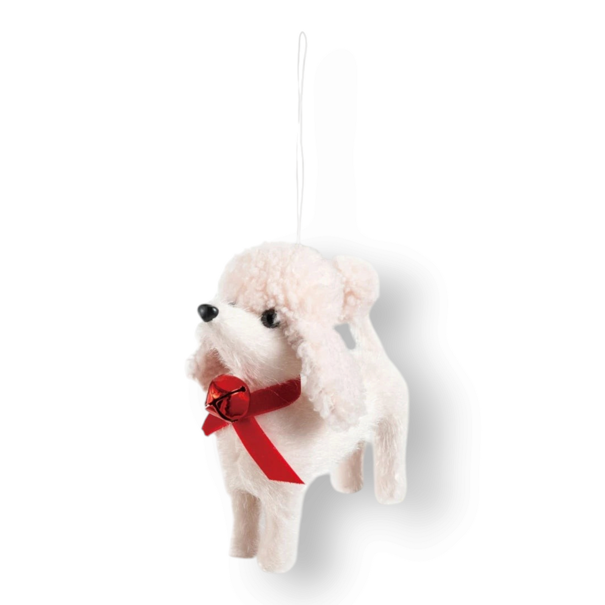 Mellow Monkey fabric poodle Christmas ornament in white with a red ribbon bow and jingle bell