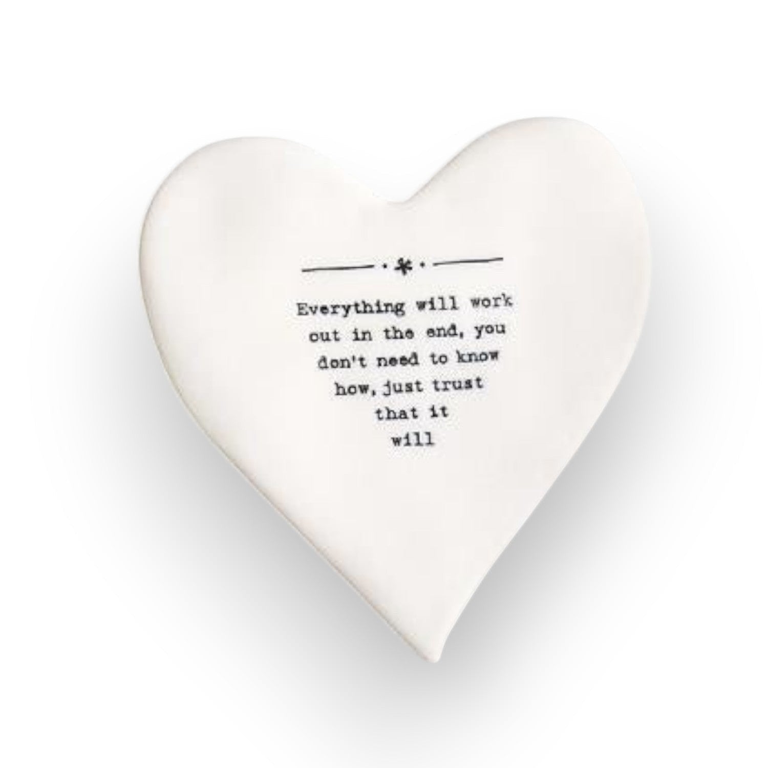 Mellow Monkey white porcelain heart-shaped coaster with black Everything will work out text on a white background.
