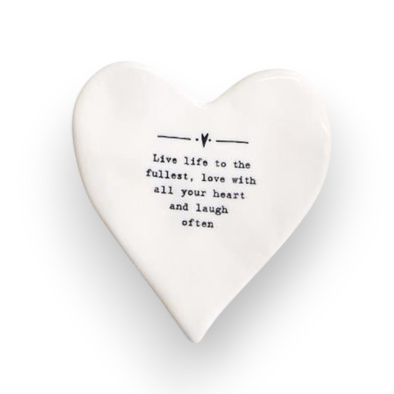 Mellow Monkey white porcelain heart-shaped coaster with black text reading Live life to the fullest