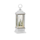 Mellow Monkey white plastic holiday lantern featuring an animated rotating reindeer and swirling glitter scene