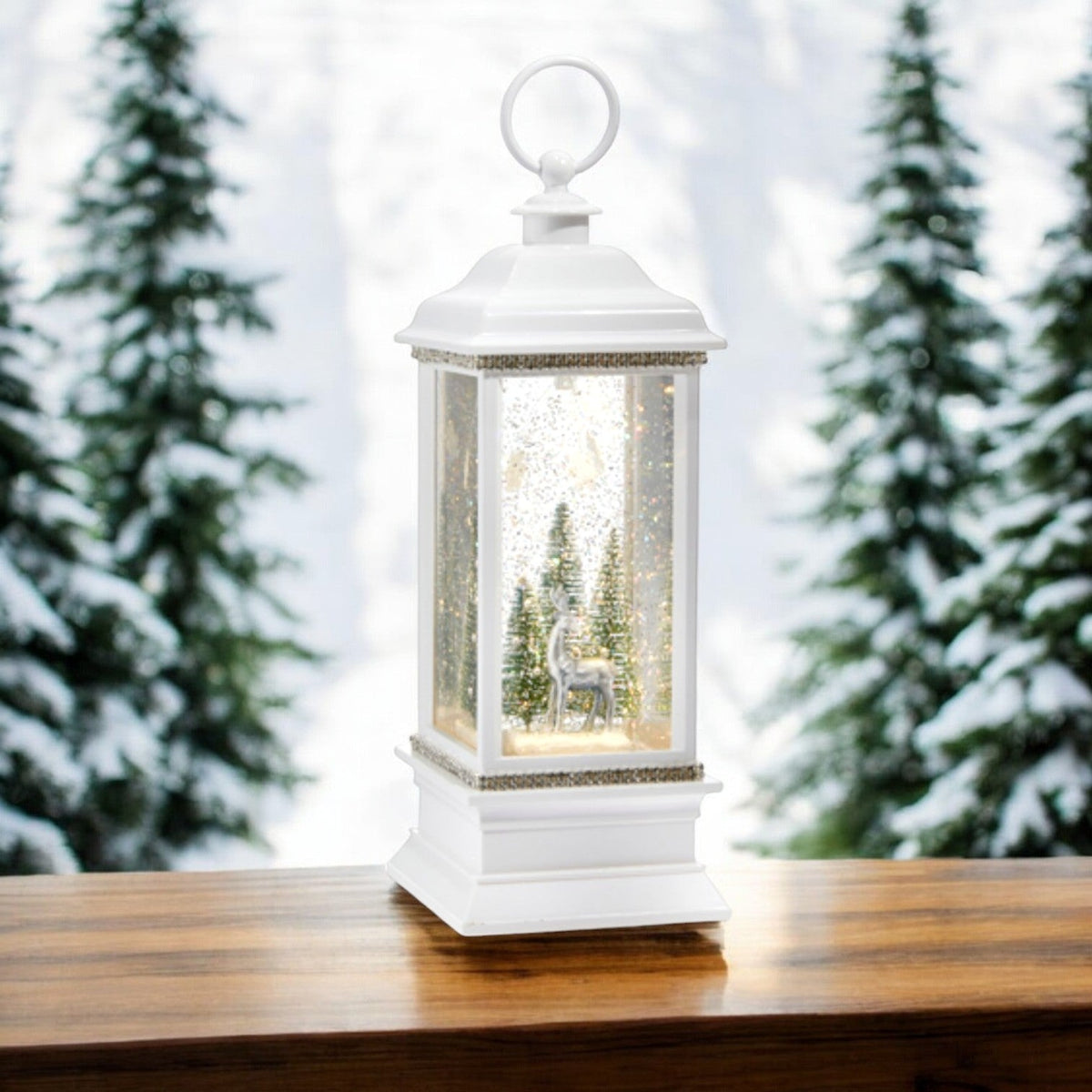 Mellow Monkey white plastic water lantern featuring an animated reindeer figurine and swirling glitter holiday decor.