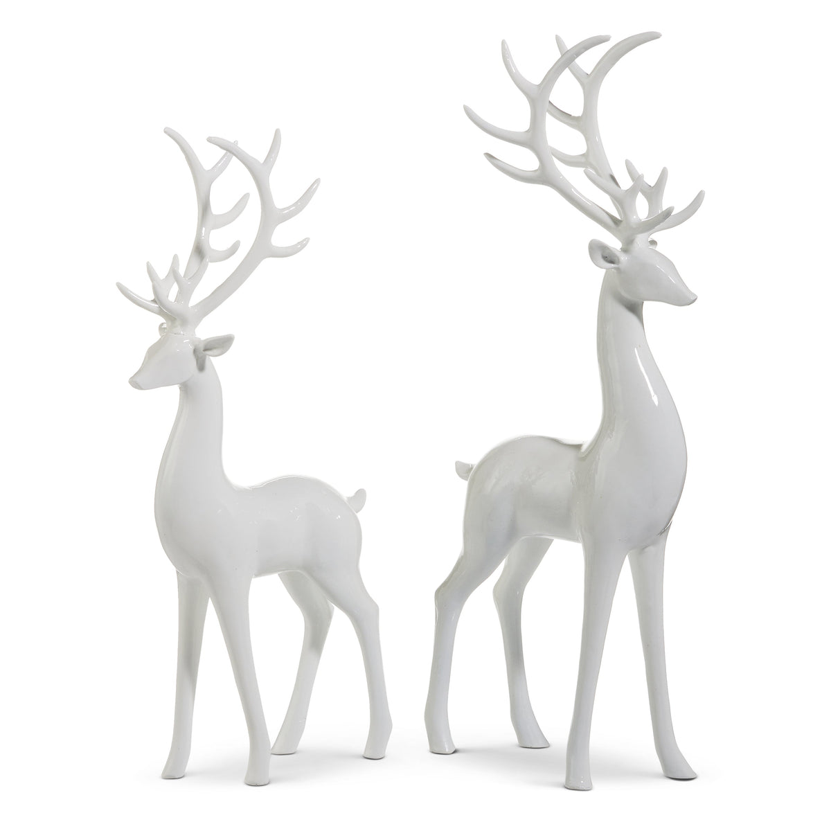 Mellow Monkey high-shine white resin deer figurines in two sizes for elegant holiday home decor.