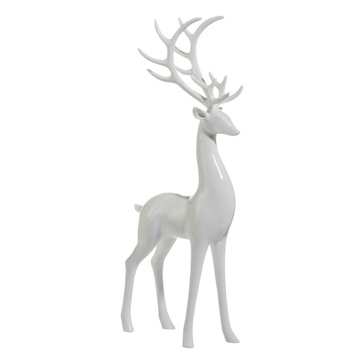 Mellow Monkey high shine white resin deer figurines in two sizes for elegant holiday home decor.