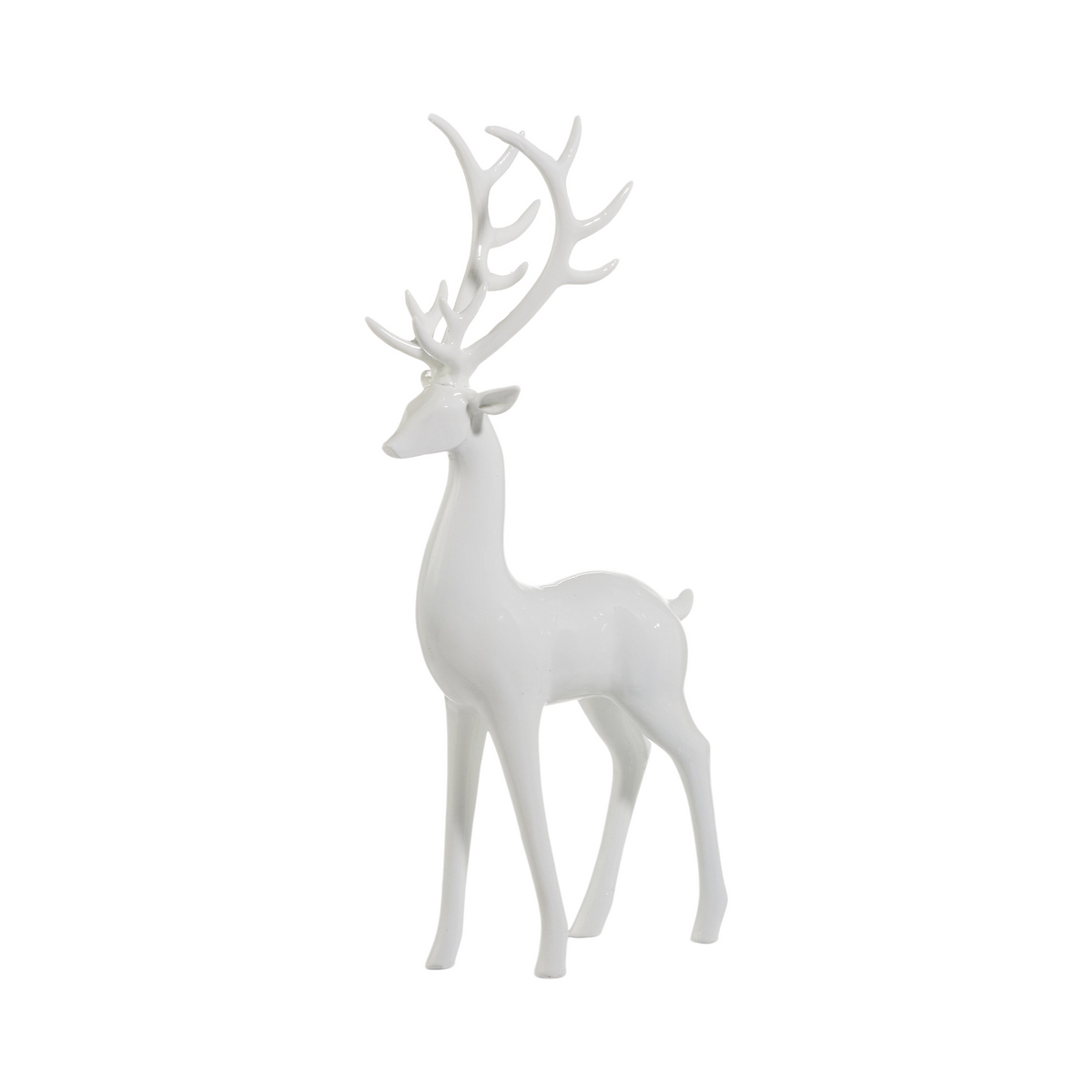 Mellow Monkey high shine white resin deer figurines in two sizes for elegant holiday home decor.