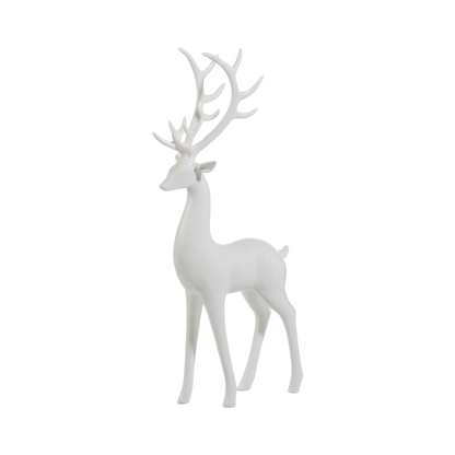 Mellow Monkey high shine white resin deer figurines in two sizes for elegant holiday home decor.