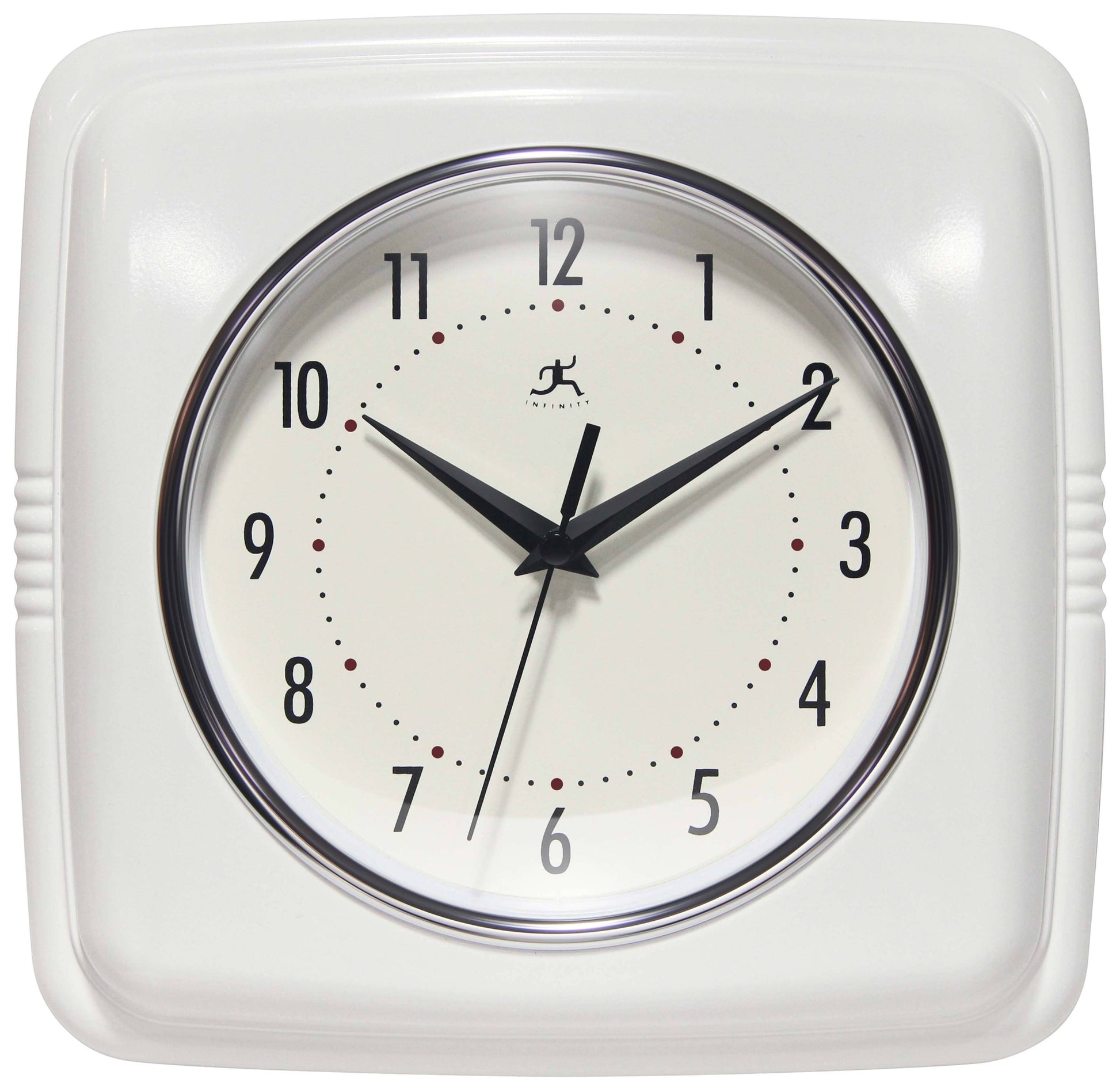 Mellow Monkey white retro square wall clock with black hands and numbers, 9.2-inch diameter.