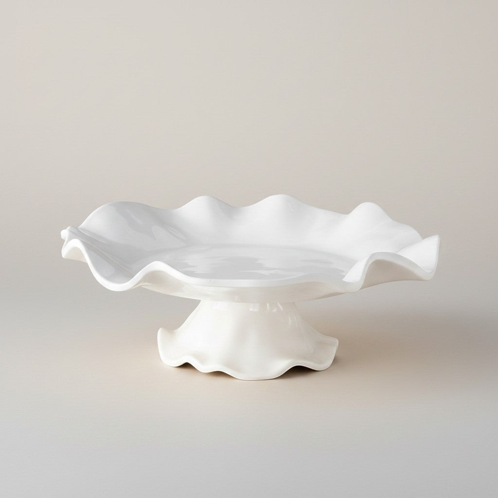 Mellow Monkey VIDA Havana white pedestal cake plate with ruffled edge, 14 inches, made of luxury melamine.