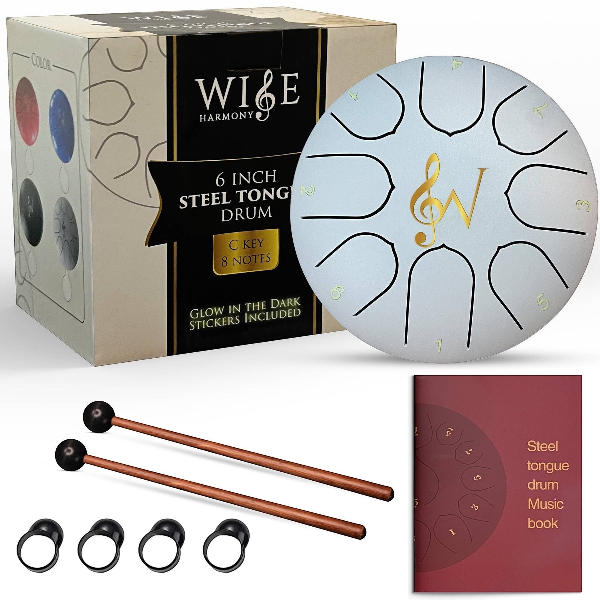 Mellow Monkey 6-inch white steel tongue drum with 8 notes, C key, and gold treble clef logo. Includes mallets and music book.