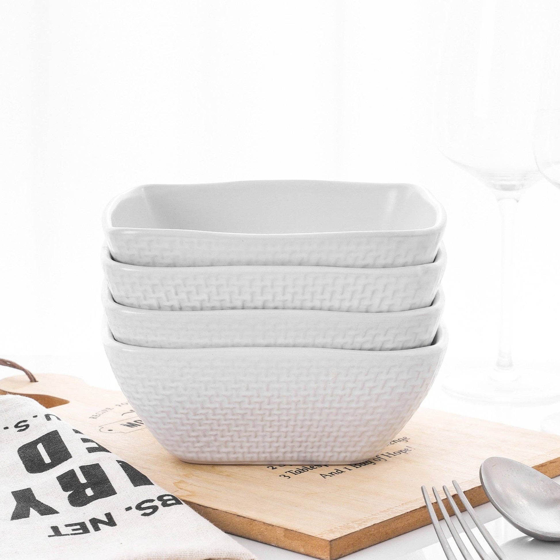 Mellow Monkey Olivia white stoneware square bowl with embossed weave design, set of 4.
