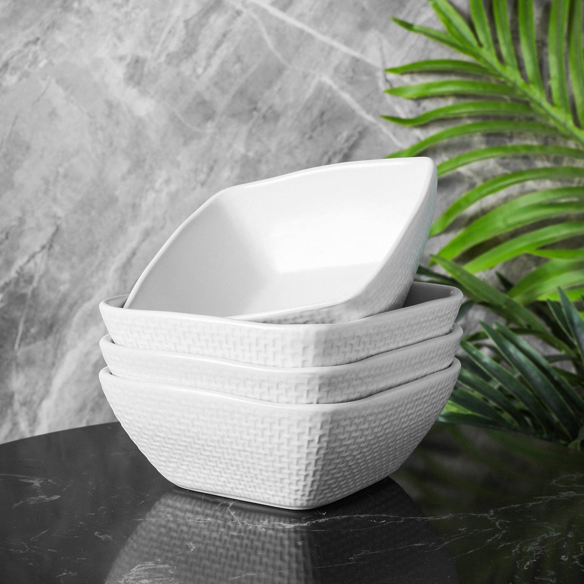 Mellow Monkey Olivia white stoneware bowl with embossed weave design, 100% dishwasher and microwave safe.