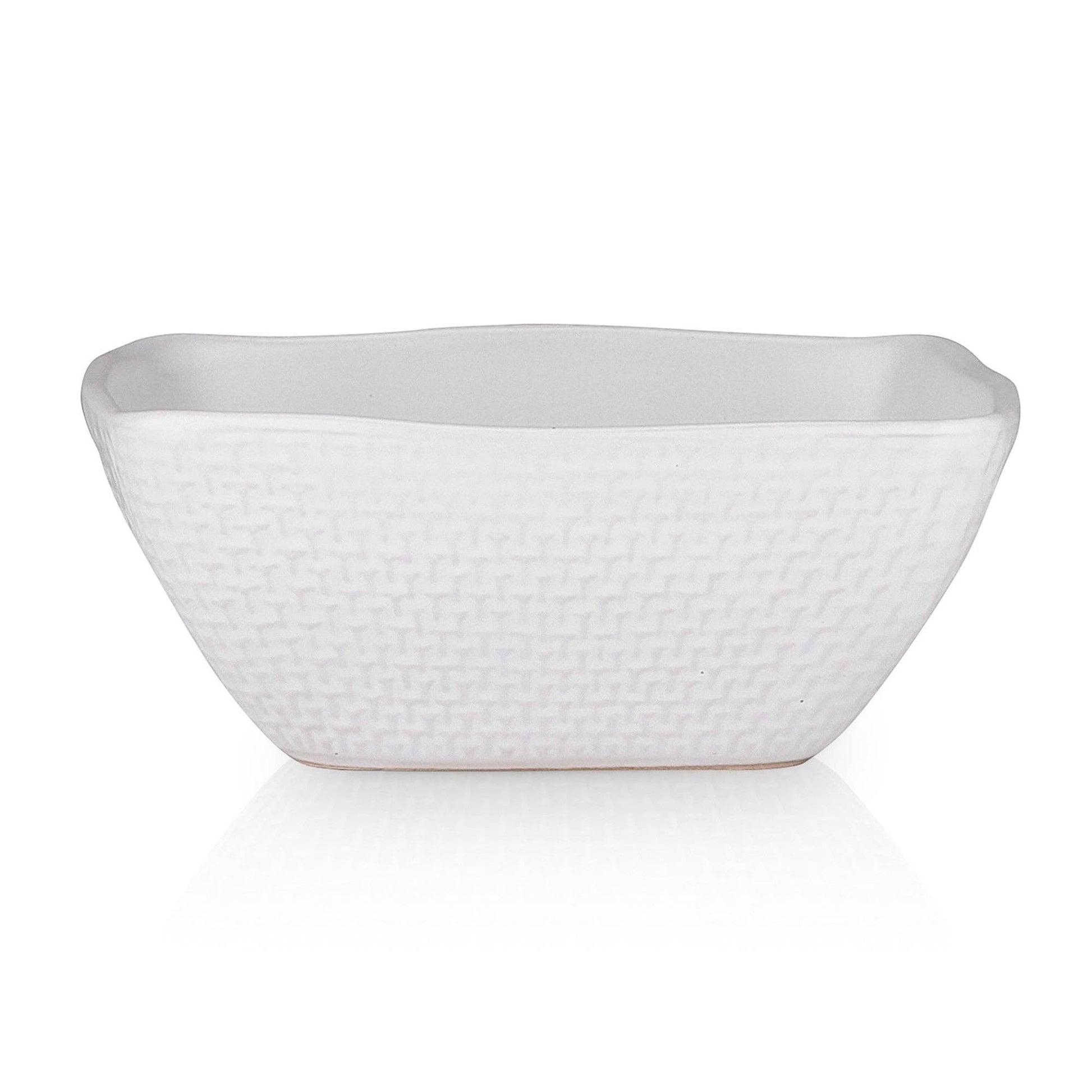 Mellow Monkey Olivia white stoneware bowl with embossed weave design and organic shape.