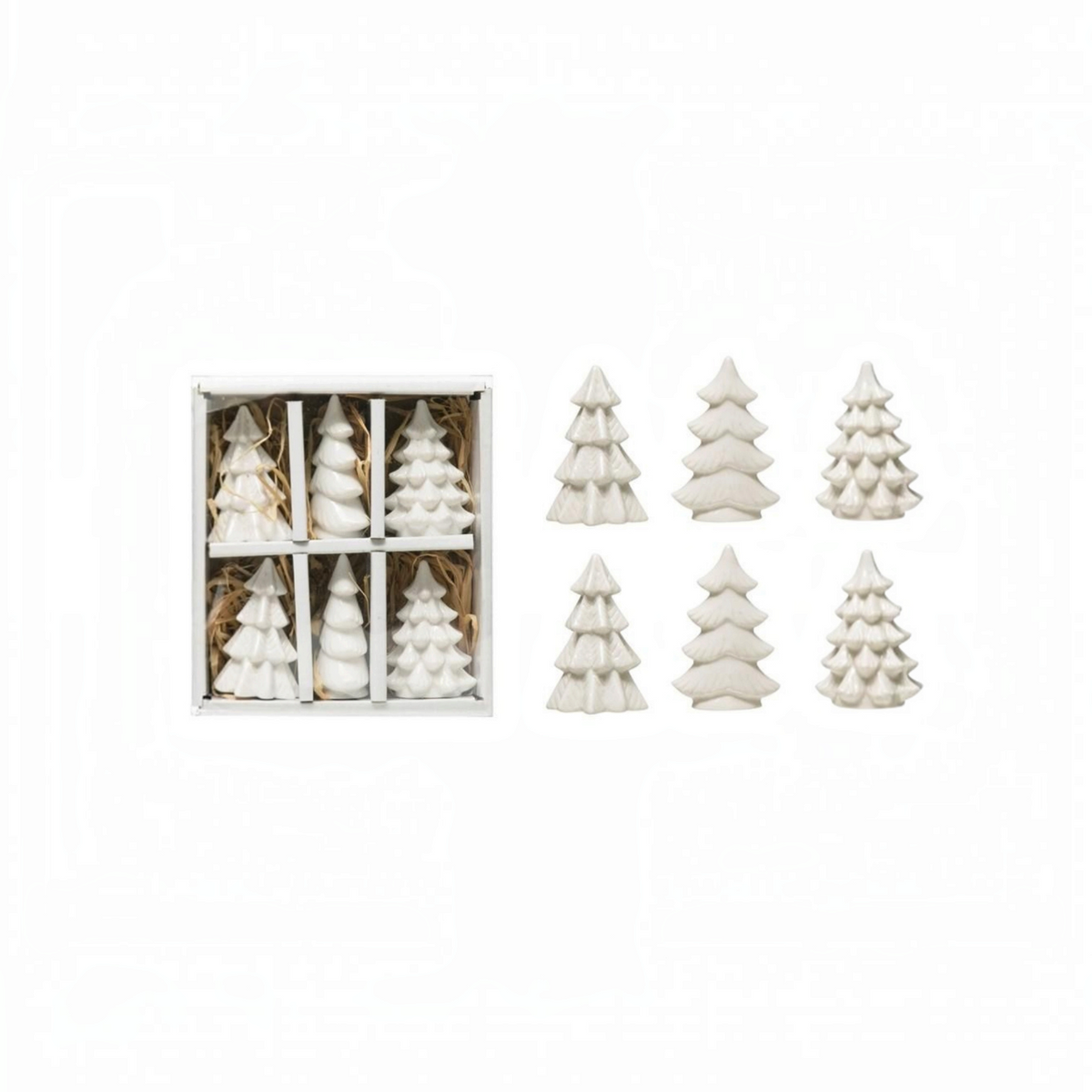 Mellow Monkey set of six white stoneware Christmas trees for holiday mantel and table decor