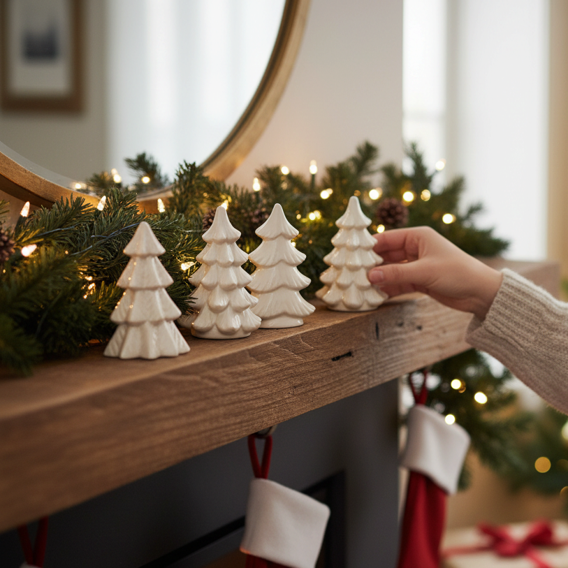 Mellow Monkey set of six white stoneware Christmas tree figurines displayed on a wooden mantel with holiday decor.