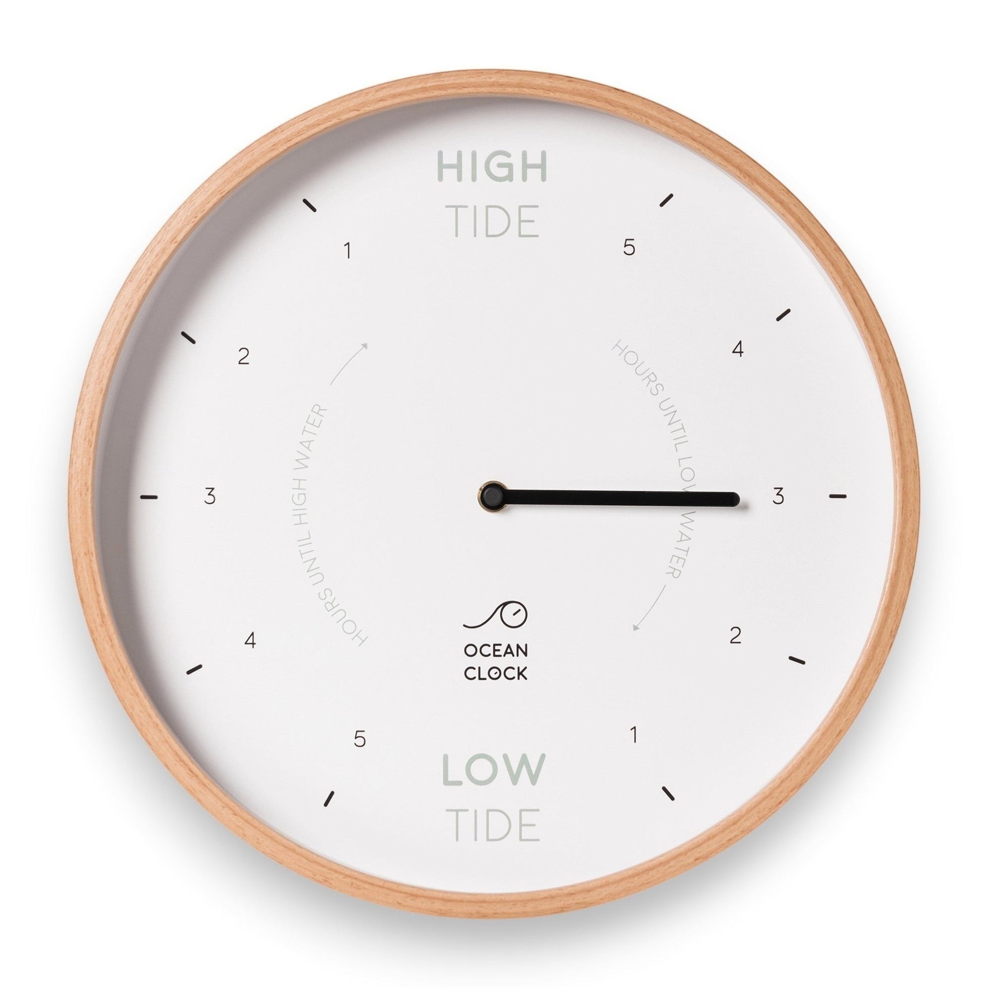 Mellow Monkey 12-inch white tide clock with natural beech frame, indicating hours until high or low water.