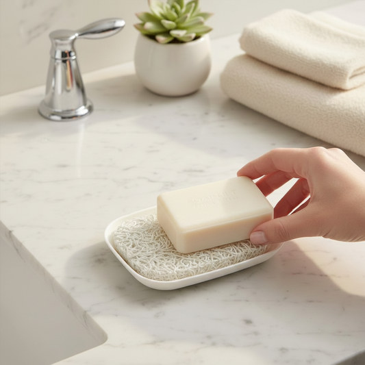 Mellow Monkey white waterfall soap dish with a textured Soap Lift pad holding a bar of soap on a marble countertop.