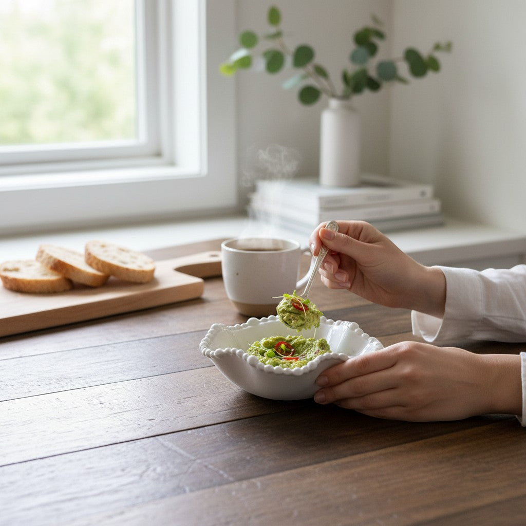 Mellow Monkey VIDA Alegria Mini Wavy Bowl in white, made of luxury melamine with a pearl rim, perfect for dips.