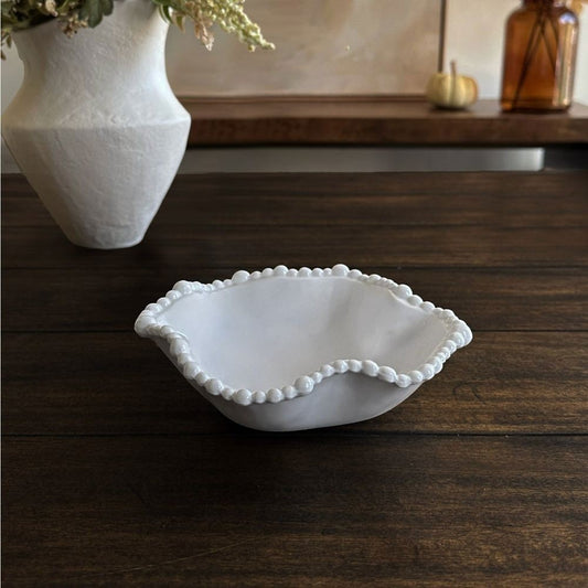 Mellow Monkey white melamine wavy mini bowl with pearl rim, 7 inches, perfect for dips and salsa.