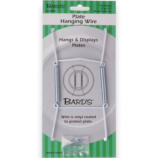 Mellow Monkey Bard's white vinyl-coated wire plate hanger for 8 to 10 inch decorative wall plates in retail packaging