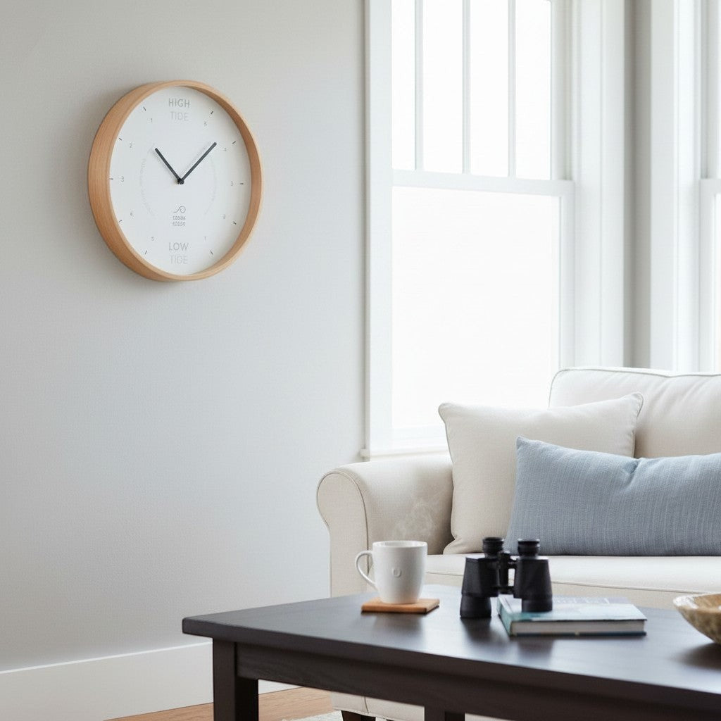Mellow Monkey White Wood Oyster Tide Clock - 12-in, beech frame, white hands, mineral glass face, displays high and low tide.