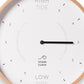 Mellow Monkey 12-inch white wood tide clock with a natural beech frame, white hands, and mineral glass face. Displays hours until high or low tide.