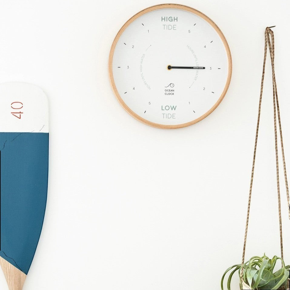 Mellow Monkey White Wood Oyster Tide Clock - 12-in, beech frame, white hand, mineral glass face, displays high and low tide.