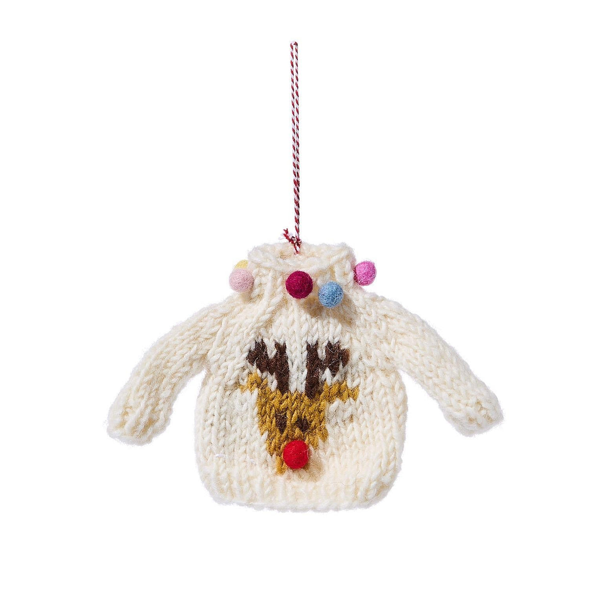 Mellow Monkey white wool sweater ornament featuring a reindeer design and colorful pom-poms on a hanging string.