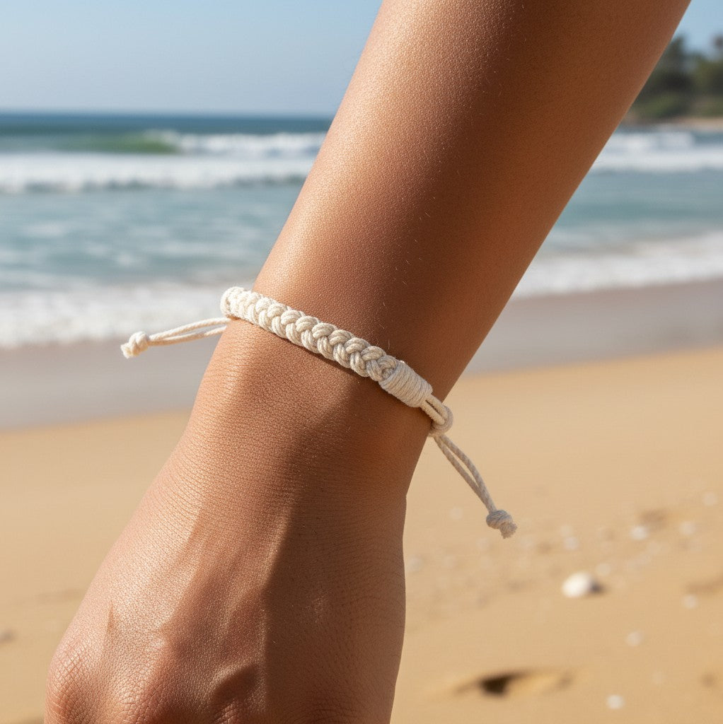 Mellow Monkey white woven cotton nautical bracelet on a wrist with a beach background