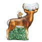 Mellow Monkey Whitetail Deer blown glass ornament with glittery antlers and green grass base.