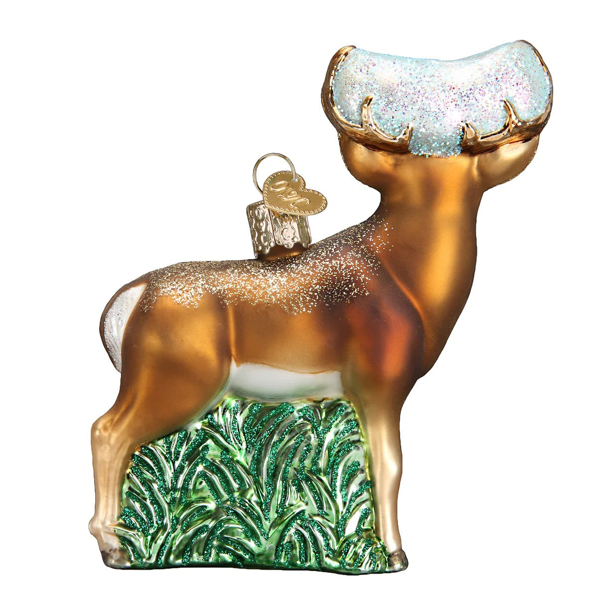 Mellow Monkey Whitetail Deer blown glass ornament with glittery antlers and green grass base.