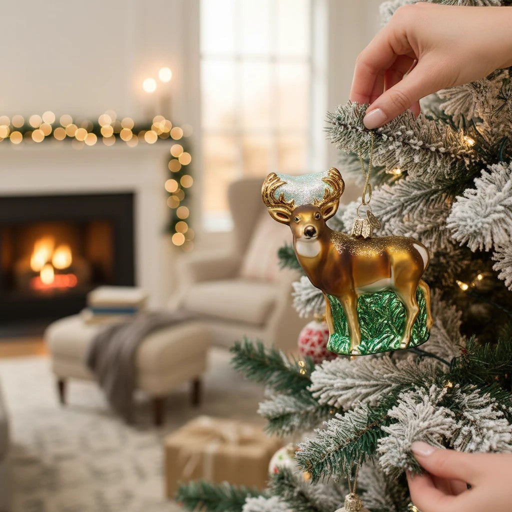 Mellow Monkey Whitetail Deer blown glass holiday ornament, gold with glitter antlers and green grass base, 4.25 inches.