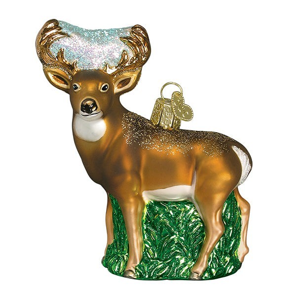 Mellow Monkey Whitetail Deer blown glass holiday ornament with glittery antlers and gold hanging loop.