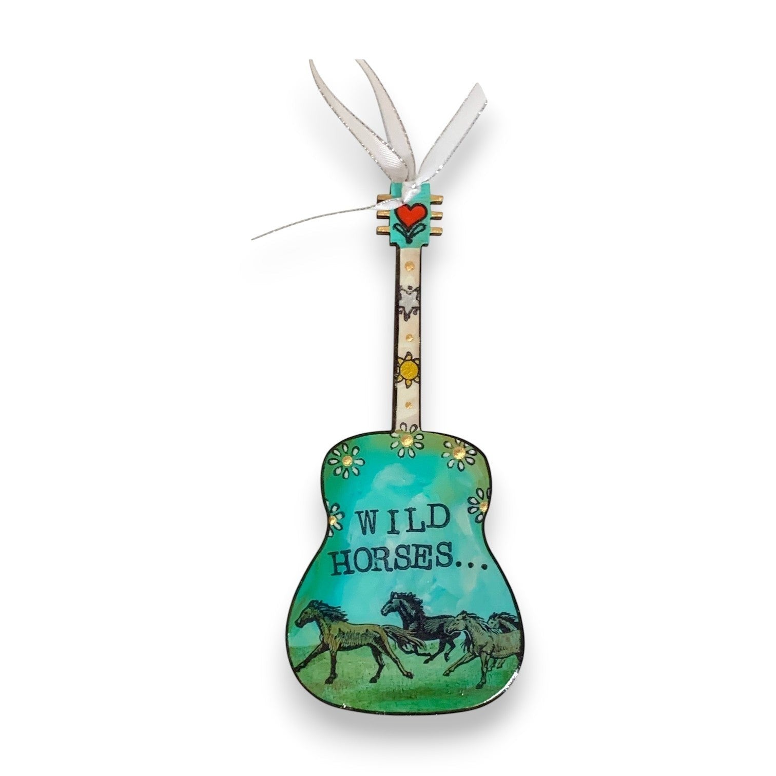 Mellow Monkey hand-painted guitar ornament featuring Wild Horses artwork with a teal background and white ribbon tie.