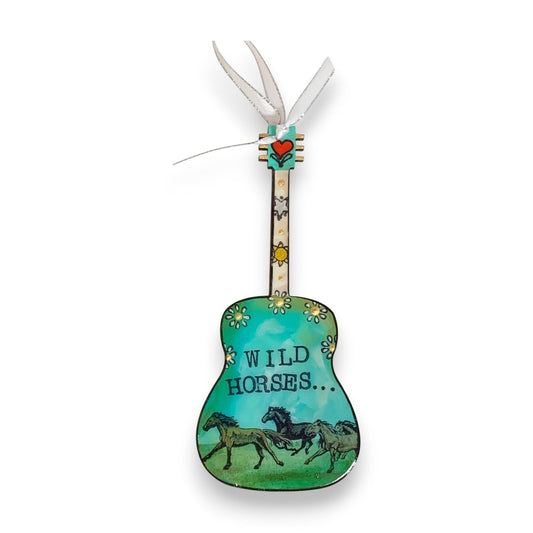 Mellow Monkey hand-painted guitar ornament featuring Wild Horses artwork with a teal background and white ribbon tie.