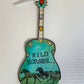Mellow Monkey hand-painted guitar ornament featuring Wild Horses artwork with a teal background and white ribbon.
