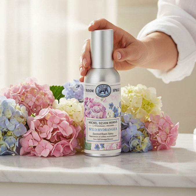 Mellow Monkey Michel Design Works Wild Hydrangea Room Spray with pink and blue floral design.