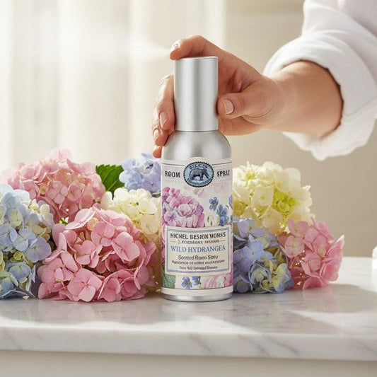 Mellow Monkey Michel Design Works Wild Hydrangea Room Spray with pink and blue floral design.