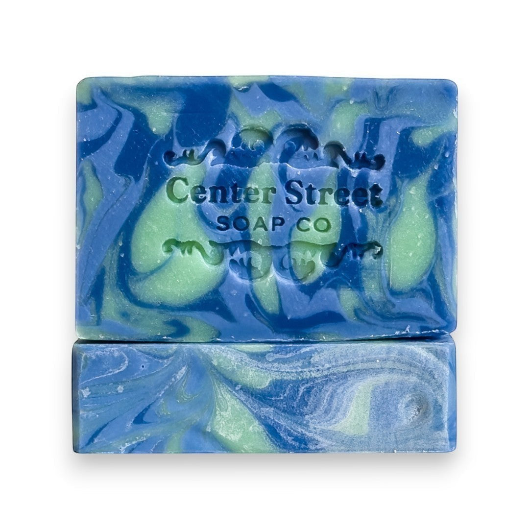 Mellow Monkey Wild Maine Blueberry vegan handmade bar soap, swirled blue and green, 4-oz