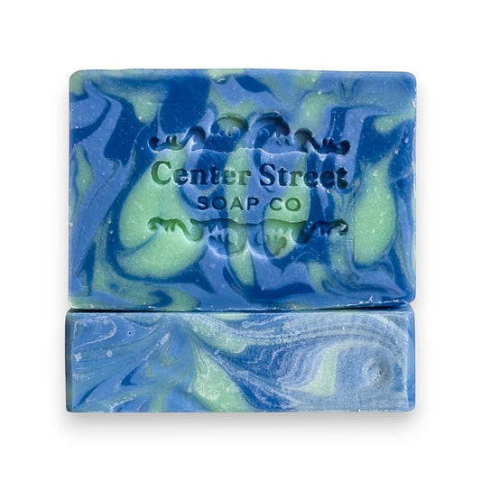 Mellow Monkey Wild Maine Blueberry vegan handmade bar soap, swirled blue and green, 4-oz